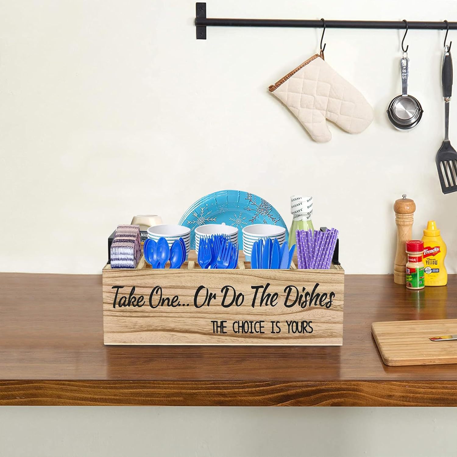 Wooden paper plate tableware storage box household kitchen plate Cup fork knife spoon napkin organizing storage box wooden tableware box