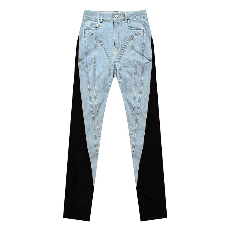European and American Design Sense Leggings Personalized Stitching Jeans Autumn New High Waist Heavy Industry Slimming Washed Trousers for Women