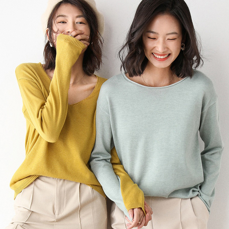 Wool Blended 2023 Autumn and Winter New Women's Round V-Neck Loose Short Pullover Top Base Knit Sweater