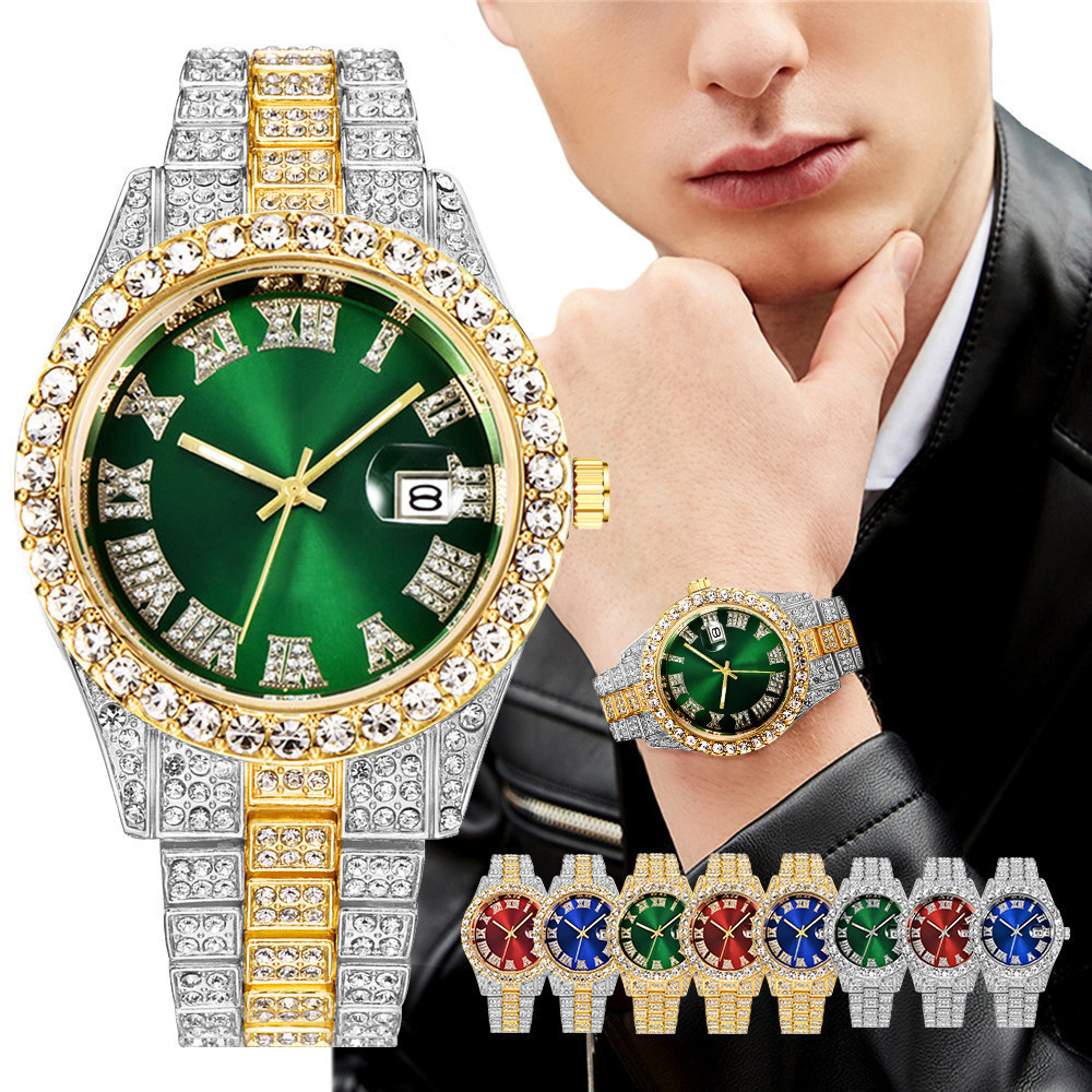 Neue wasser geist große strass Diamant herren Uhr Römischen skala kalender hip-hop uhr herren gold uhr Grün voller diamant_voghion.com