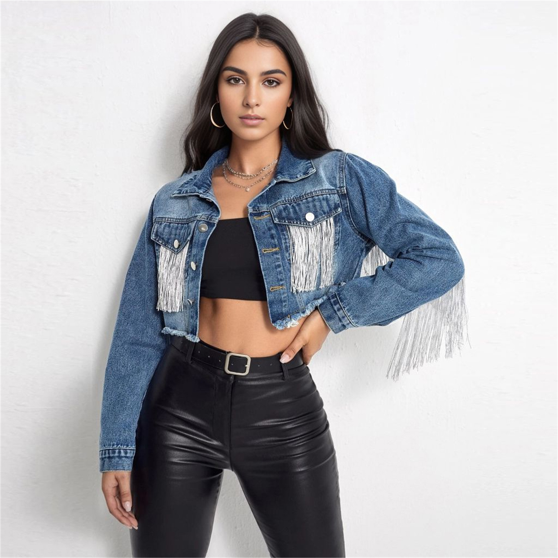S112# Cross-border foreign trade denim jacket women SHEIN with fashion tassel stitching old denim jacket women