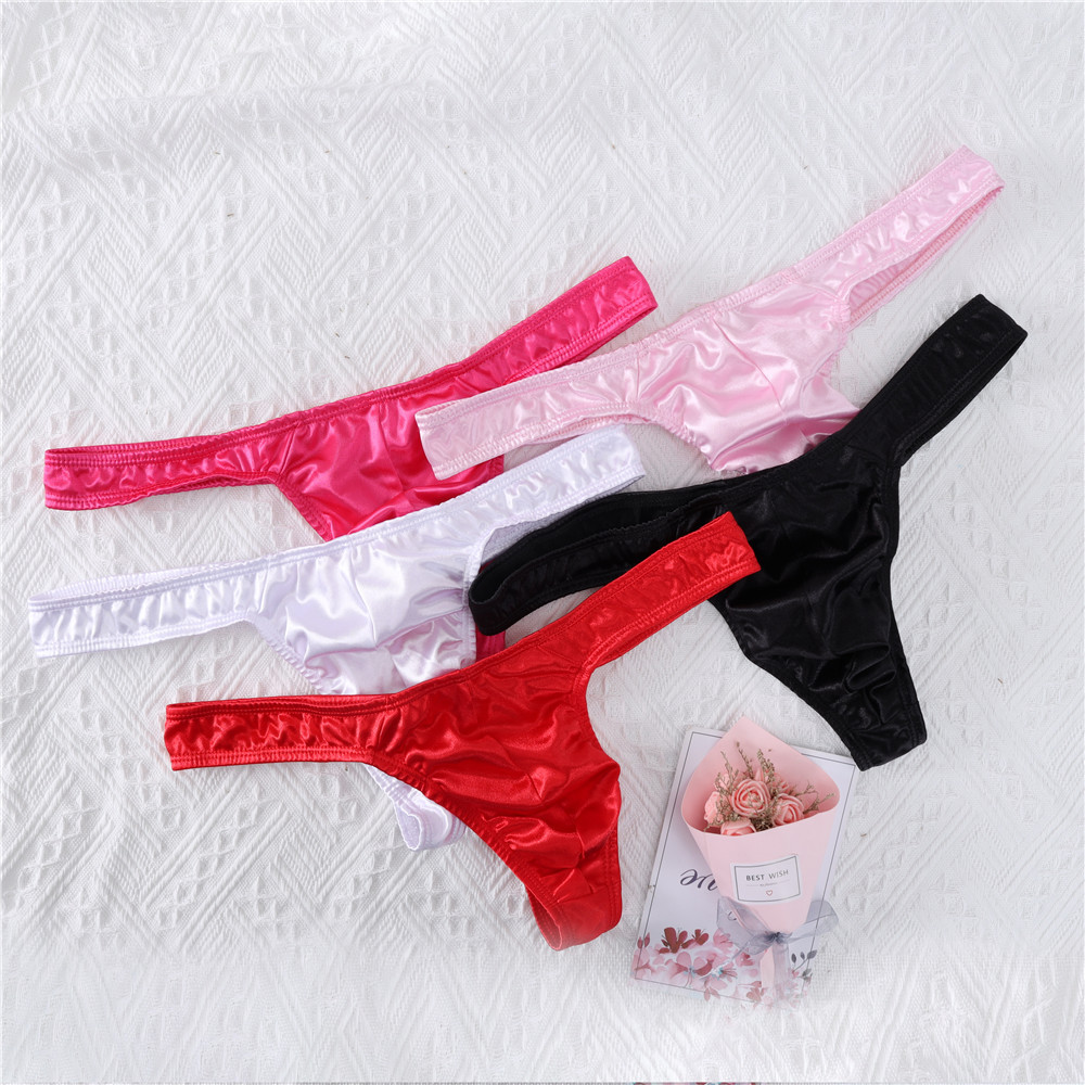 Bright Color Satin Men's G-String Sexy Low-Waisted Solid Color Erotic Gay Trousers Men's Bare Bottom Stage Performance Underwear