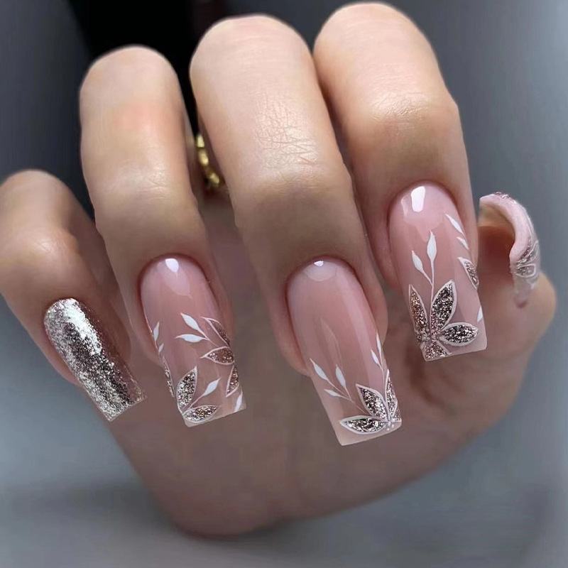 穿戴式美甲貼片銀色閃粉楓葉穿戴甲 歐美美甲片成品可拆卸nails