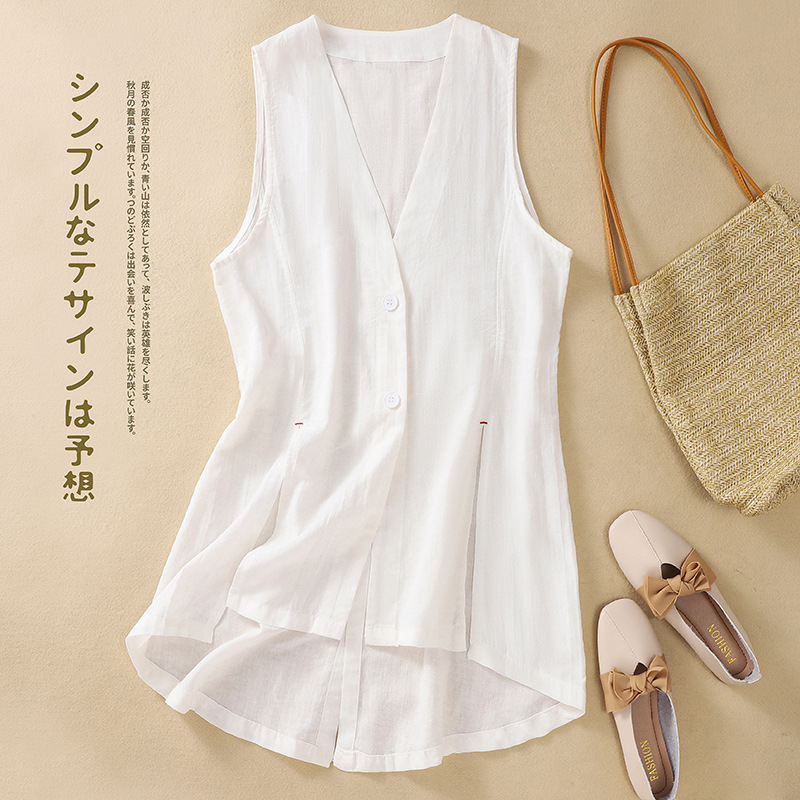 2024 Summer Cotton and Linen Solid Color Personalized Slit Vest for Women Medium Long Literary Loose Jacket Sleeveless Vest for Women