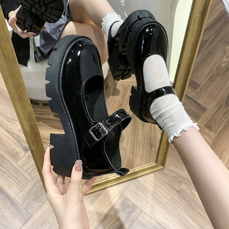 Small Leather Shoes Women's 2022 Spring New British Academy Style Bright Leather High Heel Shoes Round Toe Thick Bottom Mary Jane Shoes Women