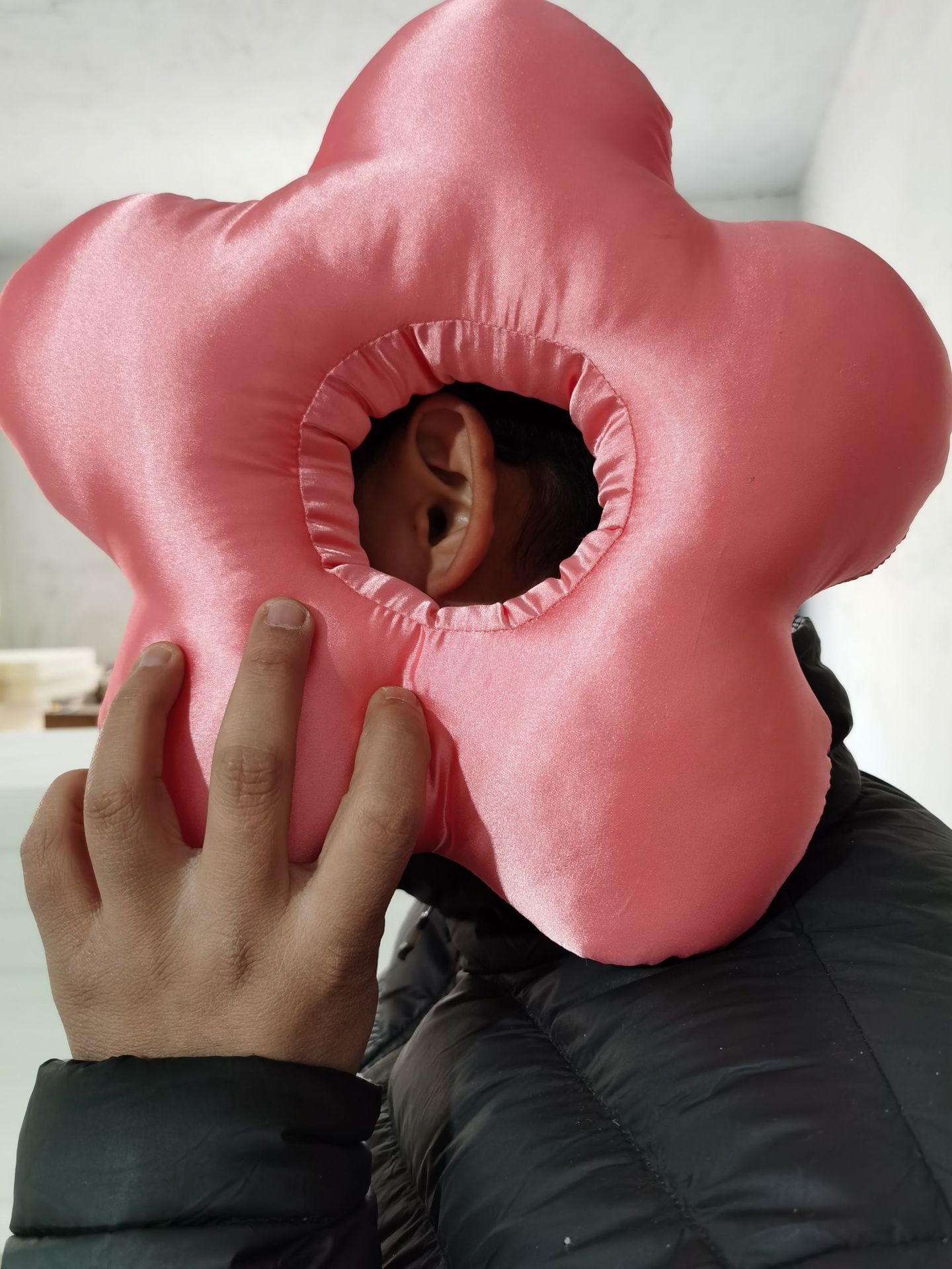 2023 New Small Peach Blossom Silk Satin Donut Ear Holes Repair Ear Pillow Medical Side Sleeping Pillow