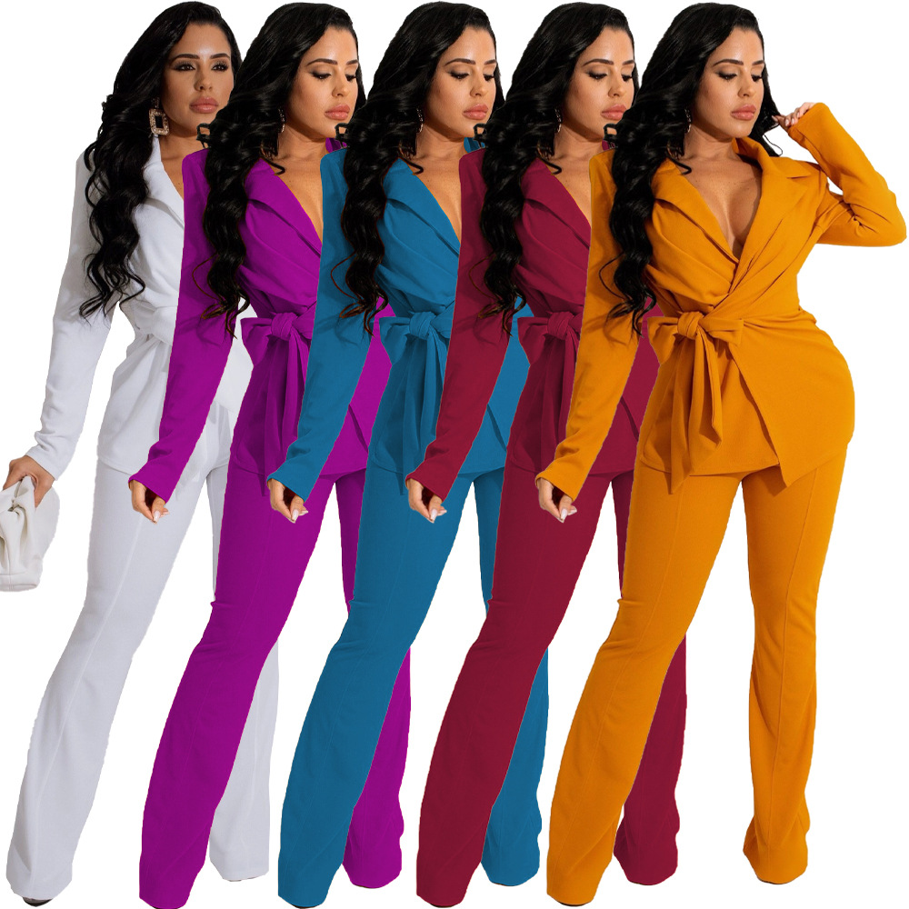 BX6070 cross-border European and American women's clothing Amazon independent station solid color fashion V-neck women's two-piece suit