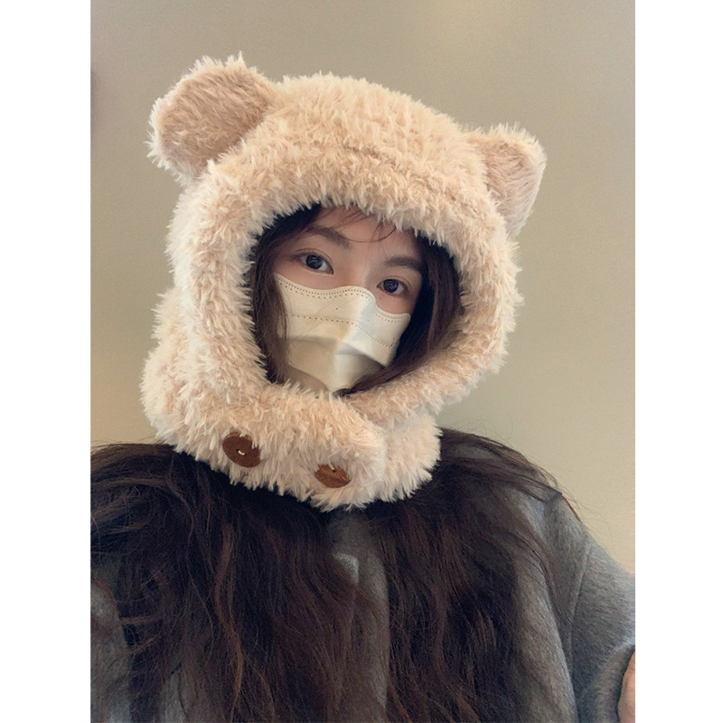 Cute thickened plush bear hat for women, autumn and winter Korean style warm ear protection hat for cycling, cold-proof Lei Feng hat, student trend