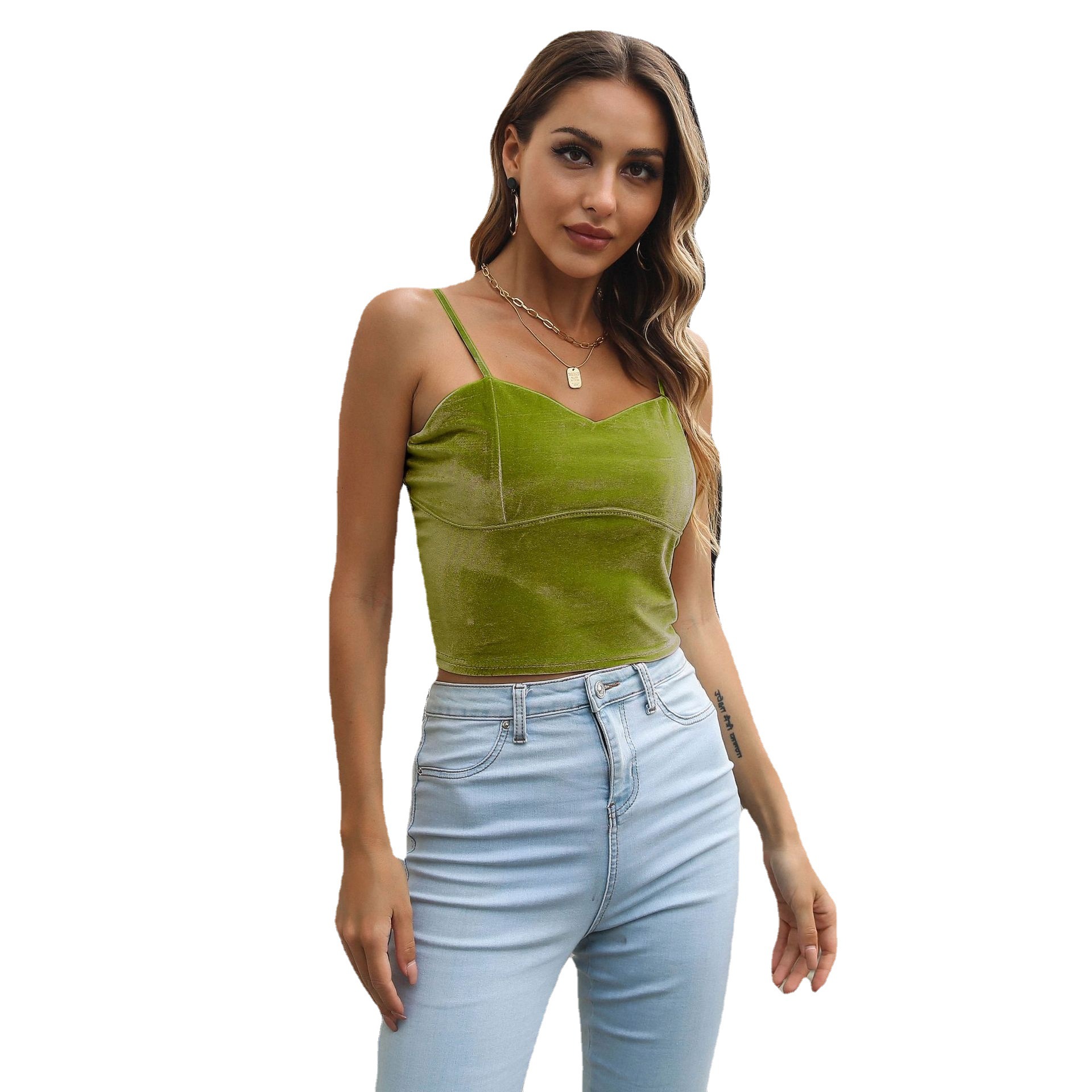 Outer Mold Real Shot S-3XL Velvet Heart Collar Small Camisole Women's Outer Wear Chest Navel-exposed Short Top New