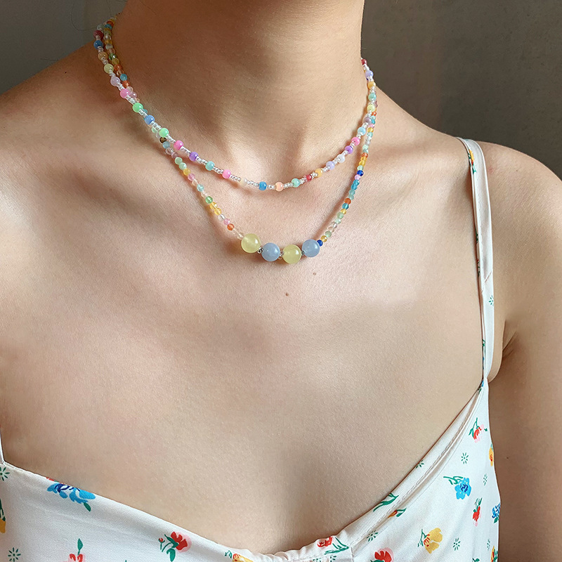 Rainbow Candy Summer Beaded Clavicle Chain Niche Design Girl Necklace Cat's Eye Natural Stone Beads Neck Chain for Women