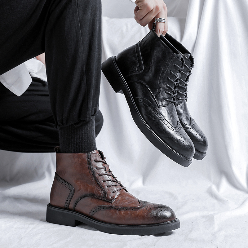 Men's Martin Boots Frock Business Casual Brock Carved High-top Leather Shoes with Suit 85680-R
