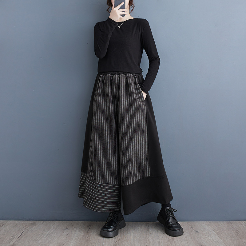 Real shot 2024 spring new black casual pants fashionable woolen narrow Hong Kong style striped stitching wide-leg pants