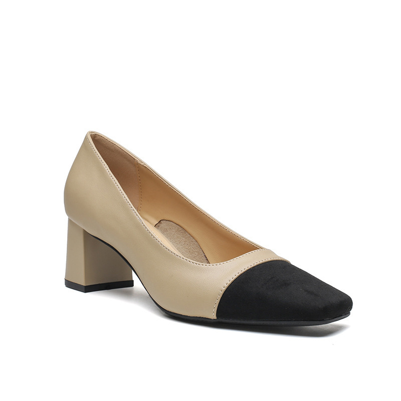 Genuine Leather Color Matching Chanel Style Thick Heel Single-layer Shoes Women's Autumn 2023 New All-match French Mid-heel Shallow Pumps High Heels