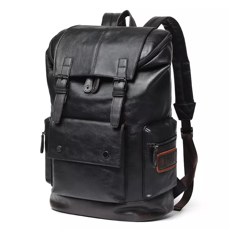 Fashionable Korean Style Men's PU Leather Backpack Simple Large Capacity Travel Backpack Student School Bag Computer Bag Shoulder Bag