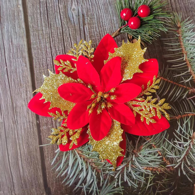 Spot all'ingrosso singolo oro polvere fiore di Natale simulazione fiore albero di Natale ciondolo decorativo fiore corona accessori regali per le feste_voghion.com
