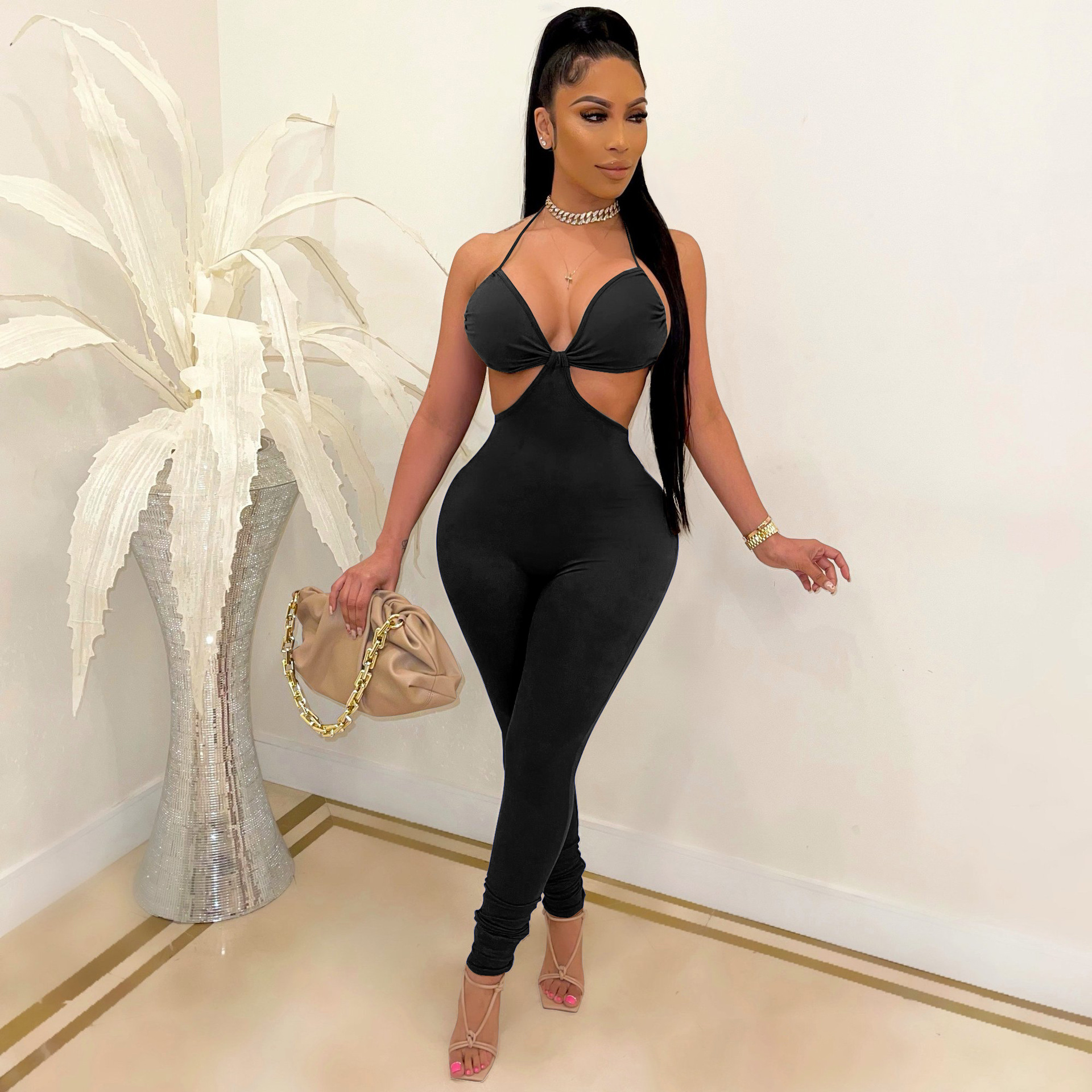 D8091 European and American Women's Clothing Amazon Independent Station Solid Color Backless Sexy Jumpsuit Slim Fit Pants Nightclub Clothes