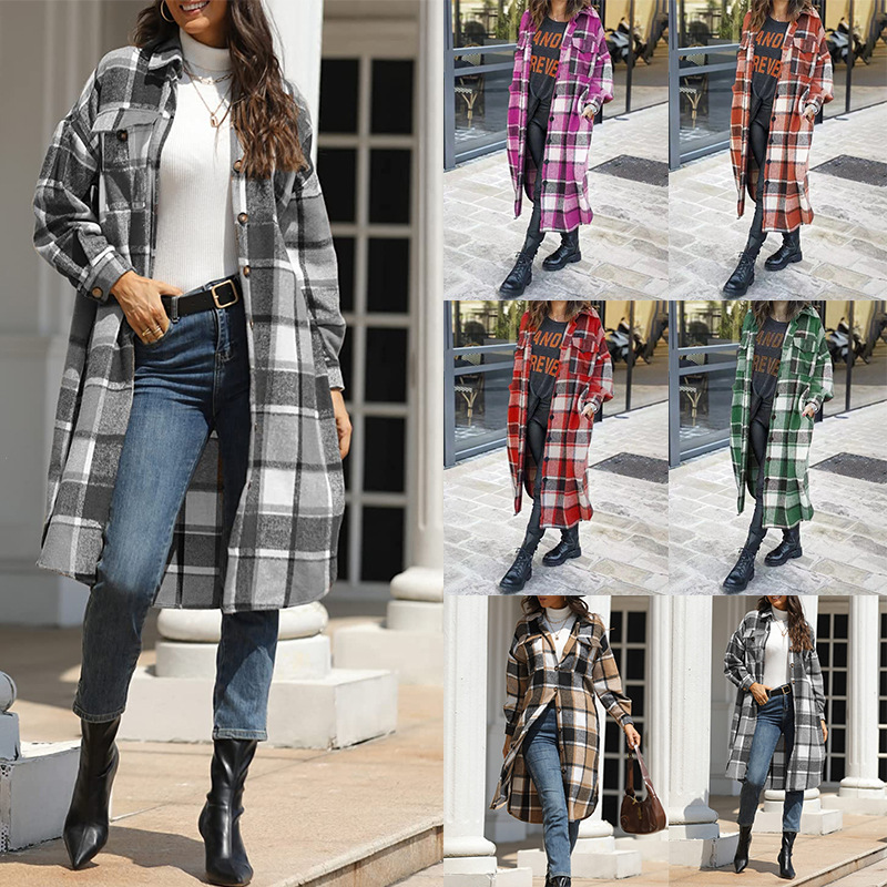 2021 Europe and America Cross-border Autumn and Winter New Women's Large Size Long Split Woolen Plaid Coat Coat_voghion.com