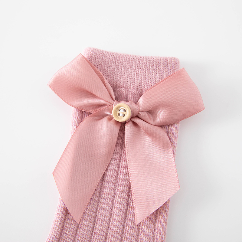 Girls' big bow long baby socks autumn and winter New pure color combed cotton baby socks children's socks wholesale