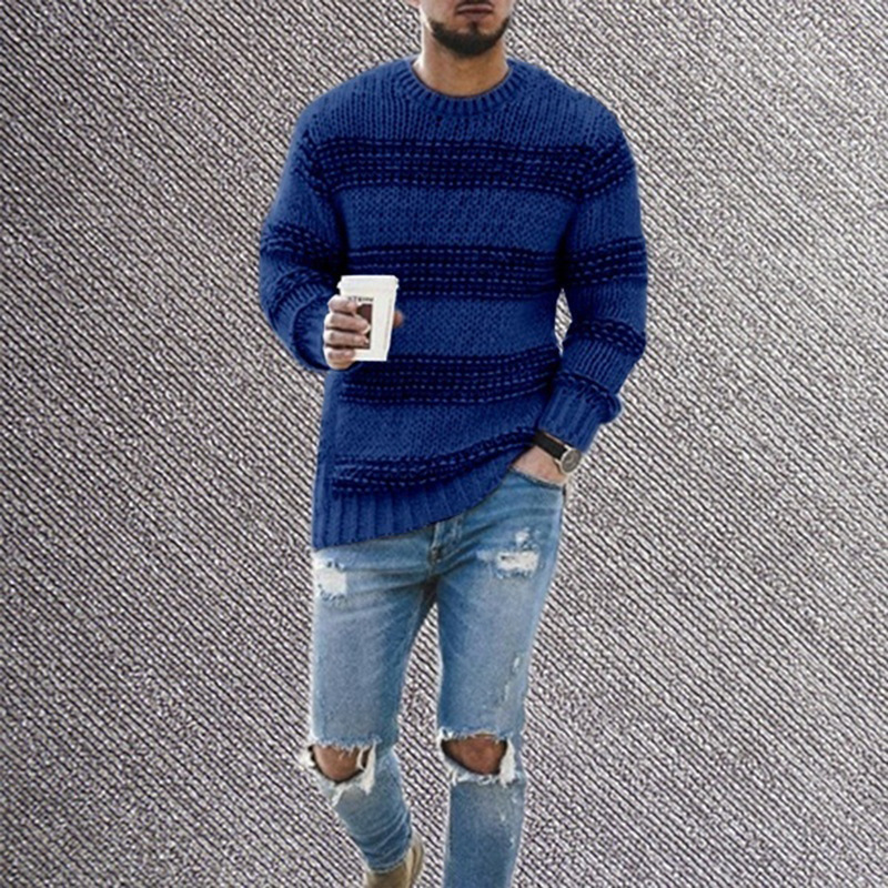 2024 New Cross-border Ebay Amazon Sweater Men's Autumn and Winter Fashion Round Neck Knitted Top Striped Casual Sweater