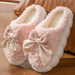 Bow-tie Cotton Slippers for Women in Autumn and Winter Thick-soled Indoor Comfortable Lightweight Plush Warm Fur Support Confinement Shoes