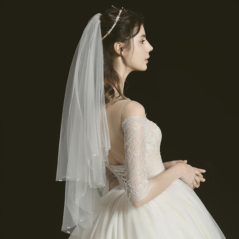 European-style simple short double-layer soft mesh white veil bridal wedding veil headdress wedding travel photography pearl veil