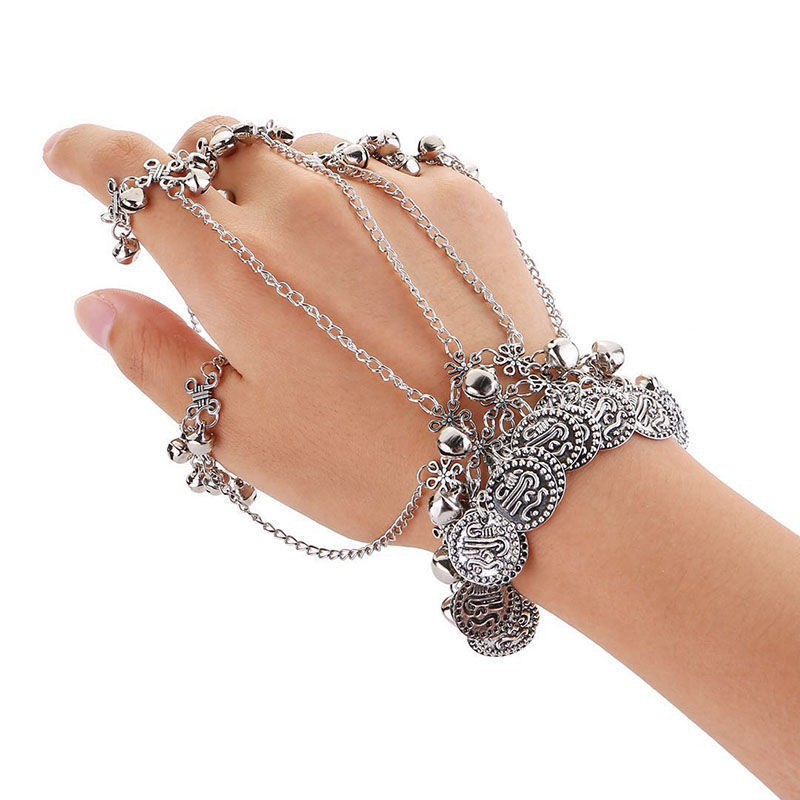 Zixia Fairy Zhu Yin, the same style, ear picking, Zhu Yin vintage coin, five-finger ring tassel Bell bracelet