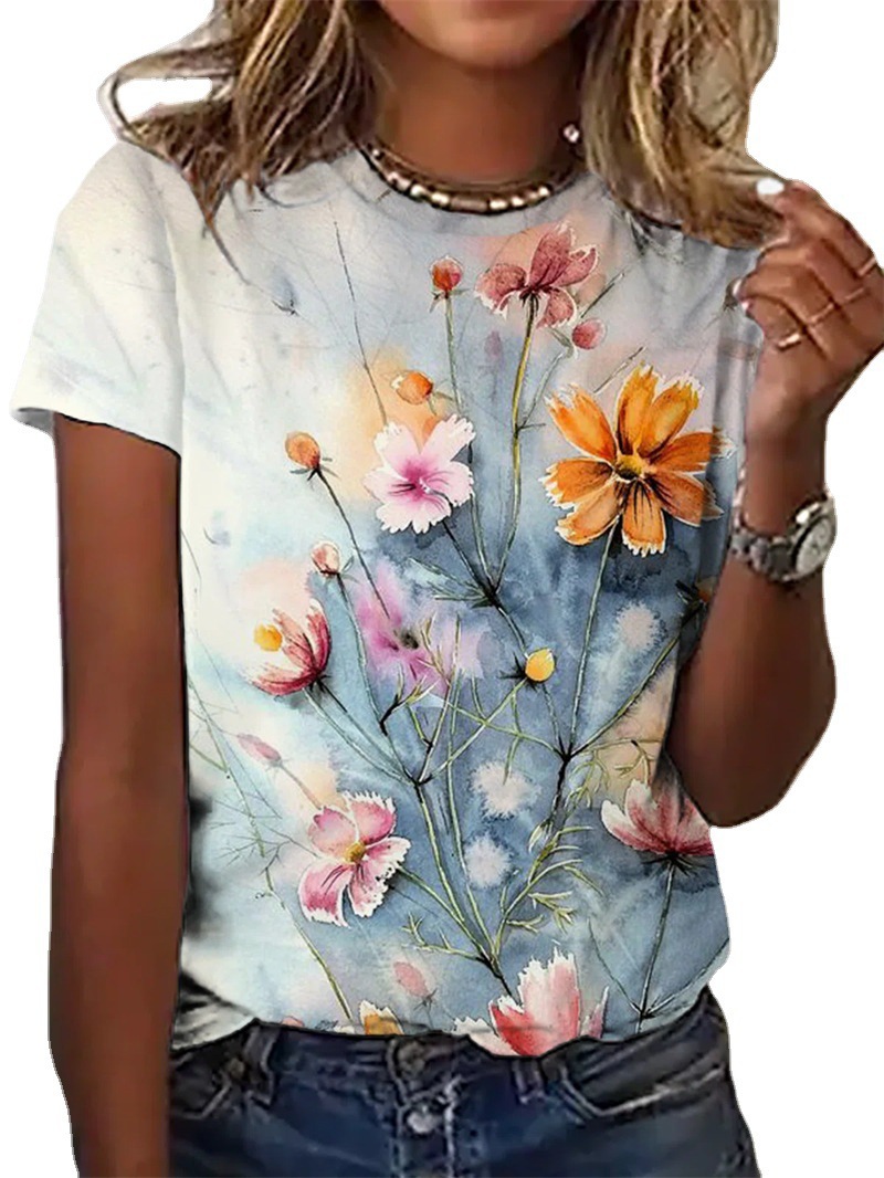 A large number of  Amazon AliExpress wish European and American summer flower print short-sleeved round neck short-sleeved T-shirt