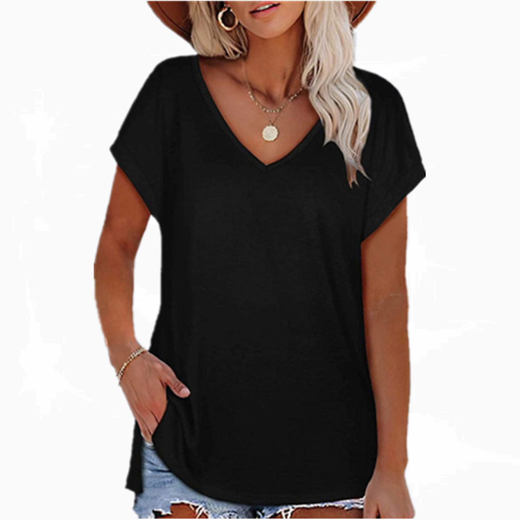Women's T2022 New Amazon cross-border women's fashion European and American Foreign trade fashion solid color split V-neck short-sleeved T-shirt for women