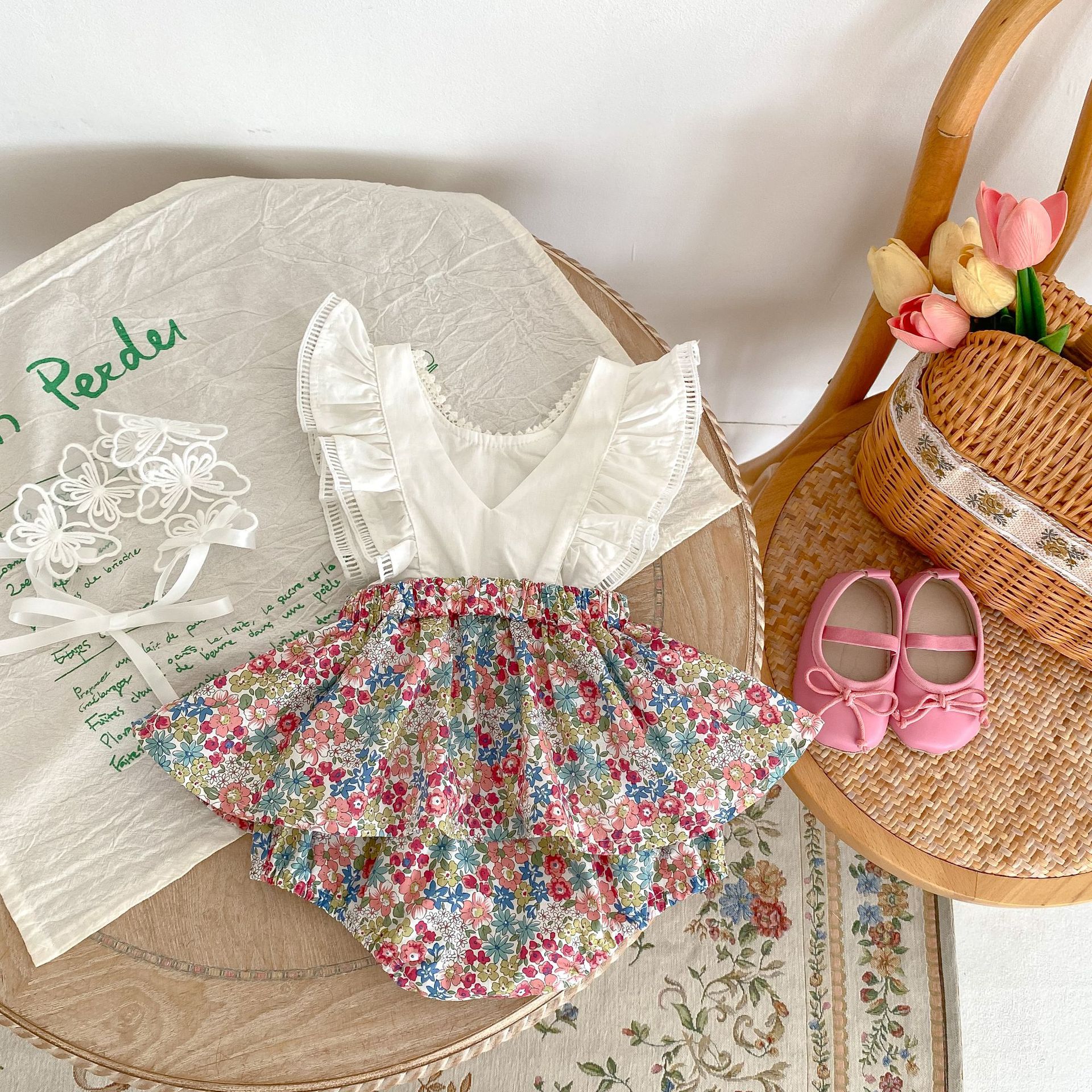 INS 2023 Summer baby girl baby flying sleeve strap fake two-piece bag fart romper jumpsuit romper