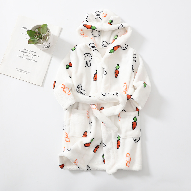 Flannel girls' printed pajamas home clothes children's double-sided fleece hooded bathrobe spring boys' sleeping with pockets