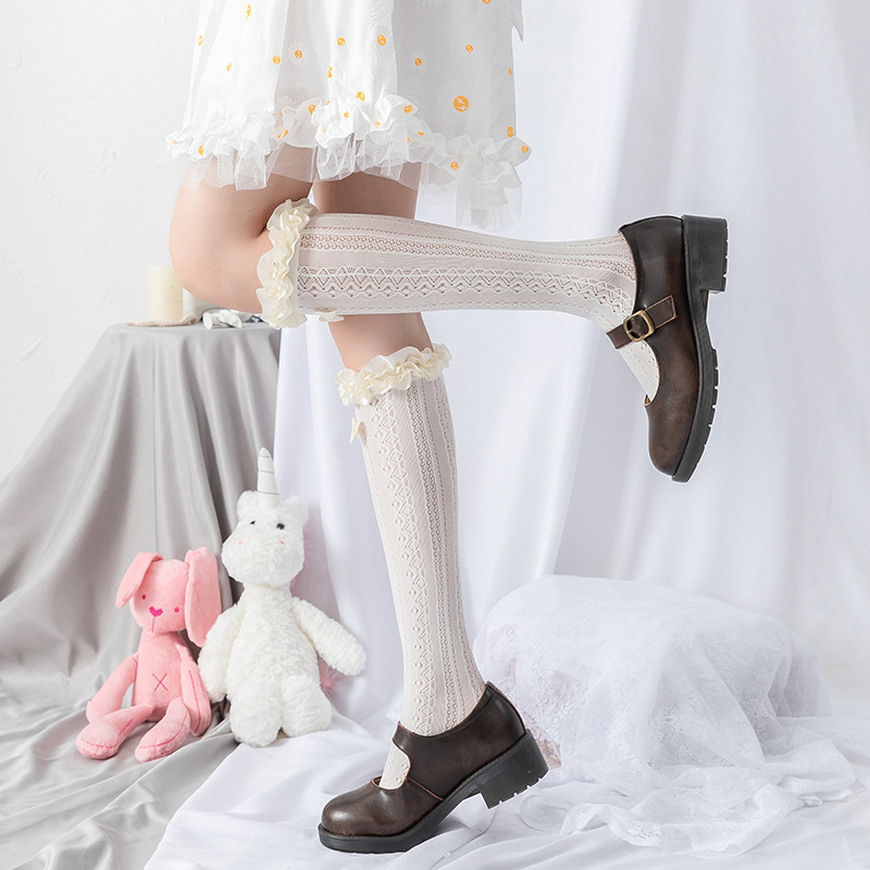 Bow White Lace Mid-Tube Knee-High Pile Socks Women_voghion.com