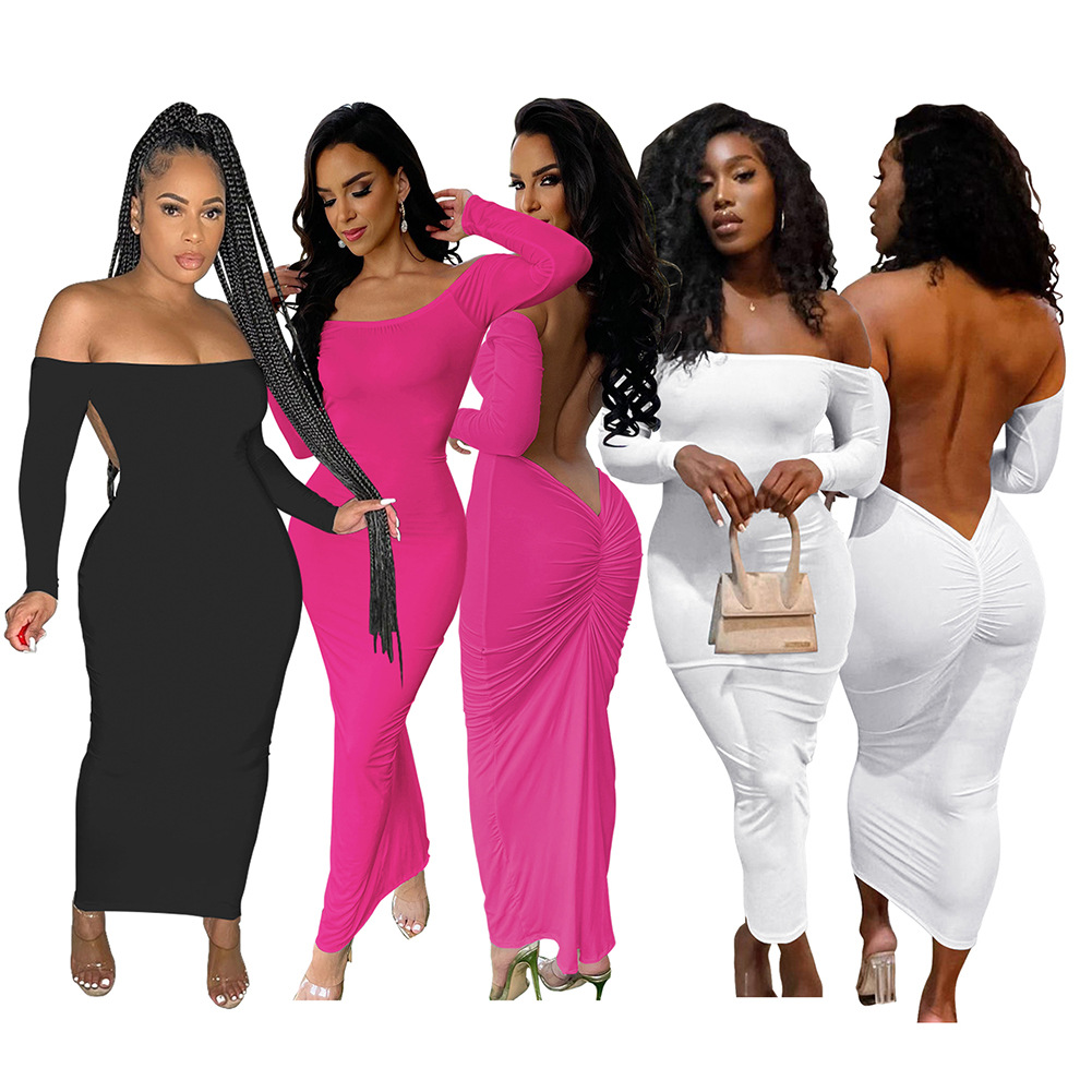 D88211 European and American Women's Clothing Amazon Hot Cross-border Supply New Backless Shoulder Long Sleeve Solid Color Dress