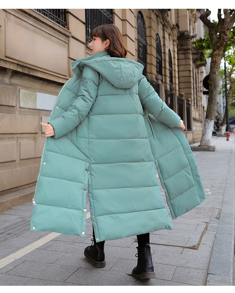 Long over-the-knee hooded Warm jacket jacket women's winter coat thickened warm over-the-knee solid color casual slim-fit cotton-padded jacket fashion_voghion.com
