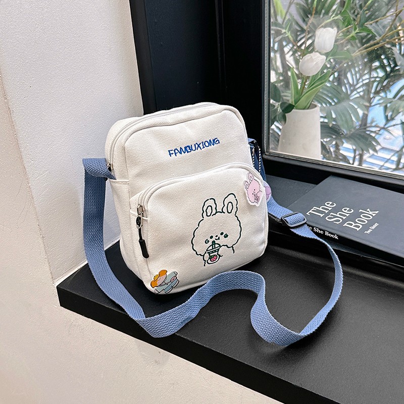 Cute Cartoon Canvas Phone Bag 2023 New Style Printed Trendy Sweet Shoulder Crossbody Bag Women's Preference Bag