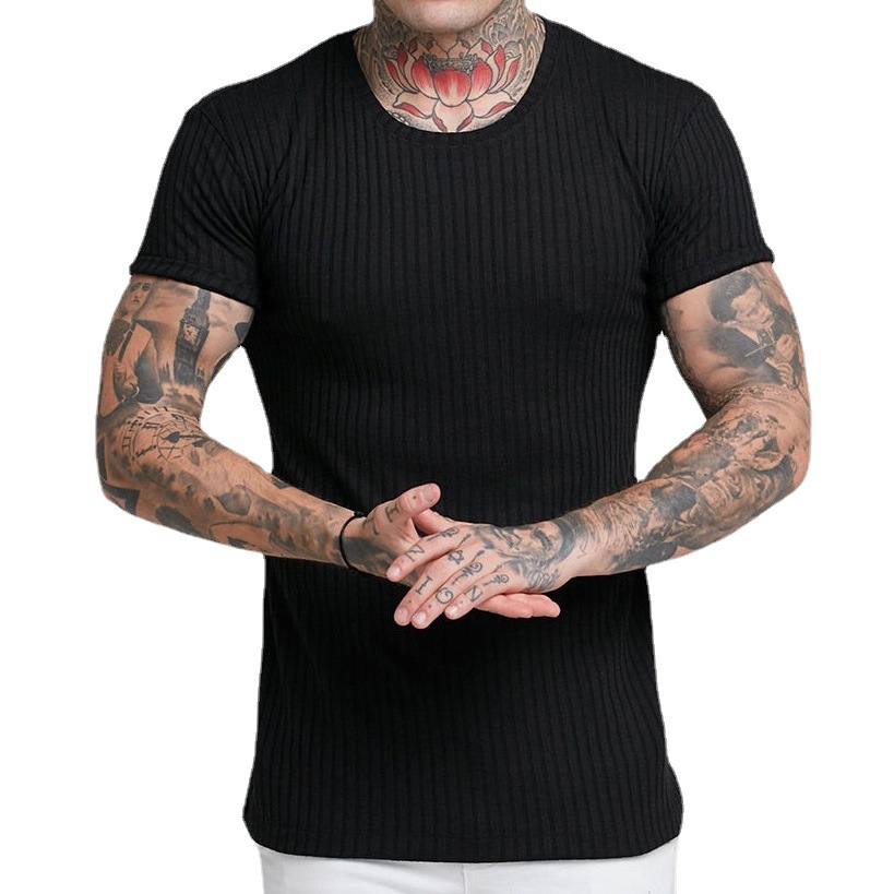 Europe and the United States cross-border foreign trade wish men's summer sports fitness leisure stand collar elastic vertical strip round neck short sleeve t-shirt