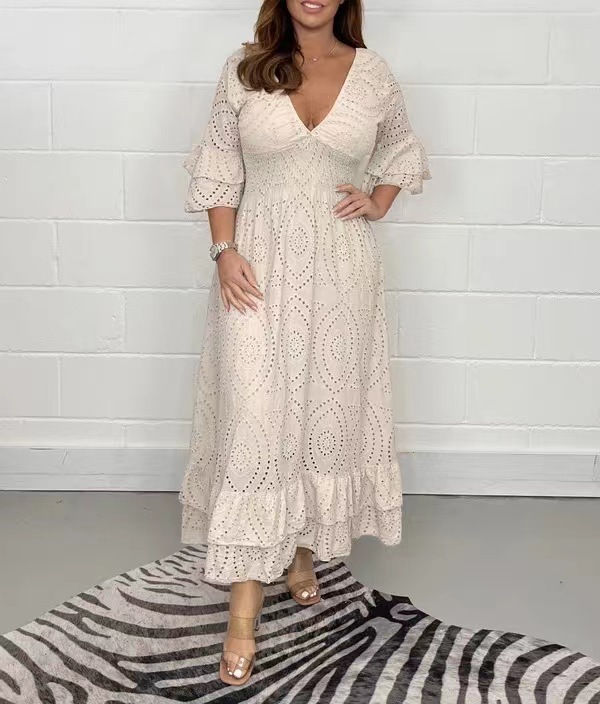 2023 Amazon wish independent station cross-border new fashion foreign trade loose high waist embroidered solid color dress