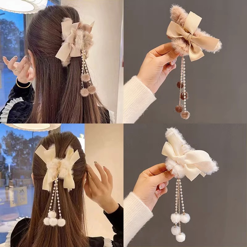 Elegant new plush bow tassel hairpin furry hair clip furry back head shark clip hairpin hair accessories
