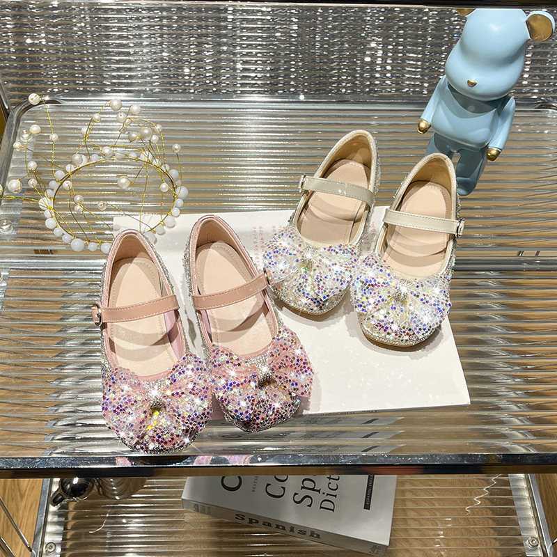 Girls' Crystal High Heels 2023 Spring and Autumn Princess Shoes Soft Sole New Arrival Bow Baby Children's Shoes Performance Shoes