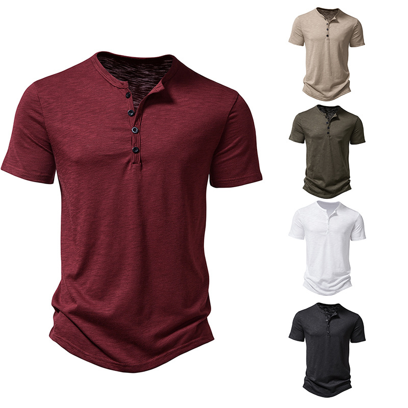 2023 Foreign Trade New European and American Men's Solid Color Henry Collar Polo Shirt Men's Fashion Casual Loose Short-sleeved T-shirt