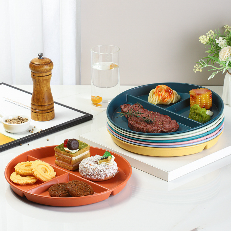 23cm Wheat Straw Student Dinner Plate Divided Dinner Plate Divided Breakfast Dosing Plate Three-compartment Household Dinner Plate for Adults and Children