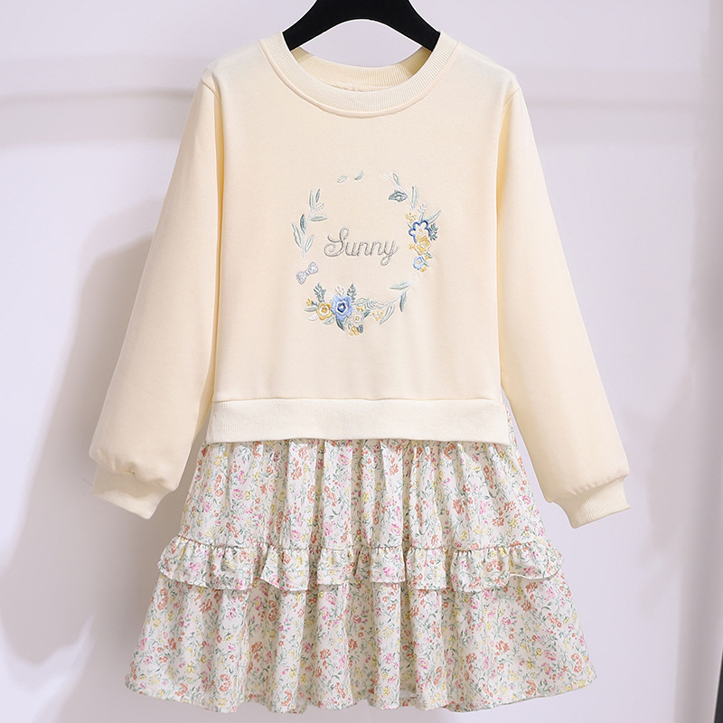 Girl's Dress Spring Long-sleeved Western Style Fake Two-piece Sweater Stitching Floral Dress Spring and Autumn Children's Princess Dress