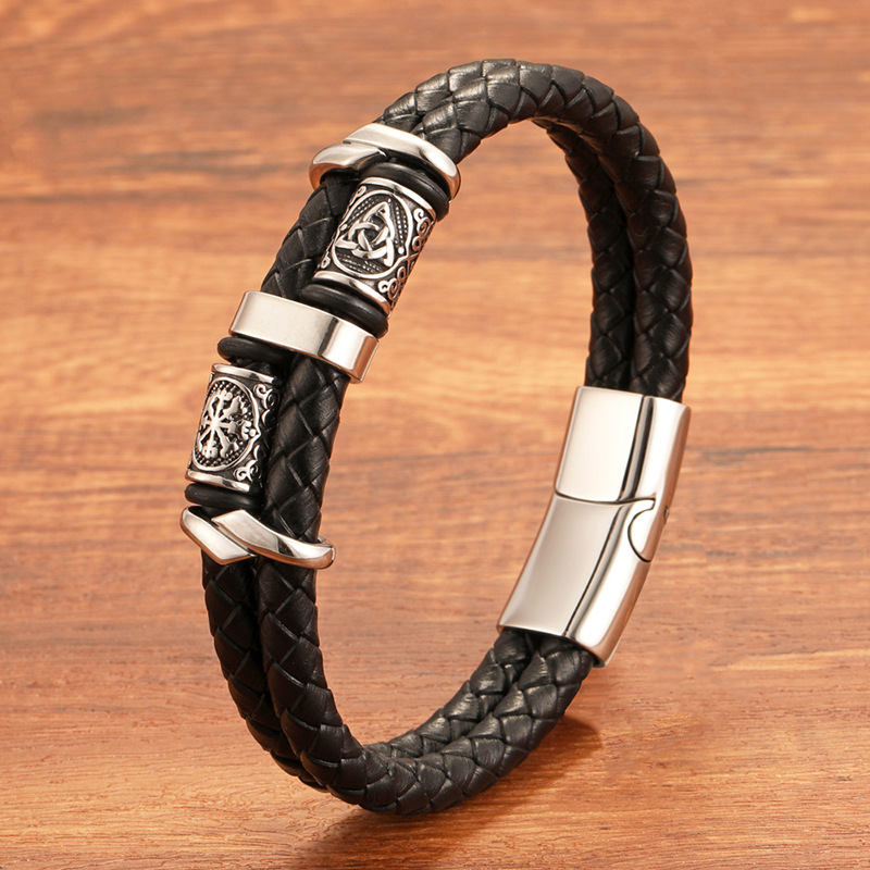 New Cross-border Explosions Handmade Black Leather Stainless Steel Nordic Viking Double Beaded Men's Fashionable Bracelet