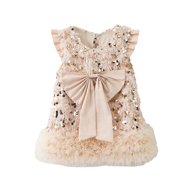 Girls Bubble Sequin Bow Vest Dress Autumn and Winter New Korean Style Girl Baby Girl Stylish One-year-old Dress Princess Dress