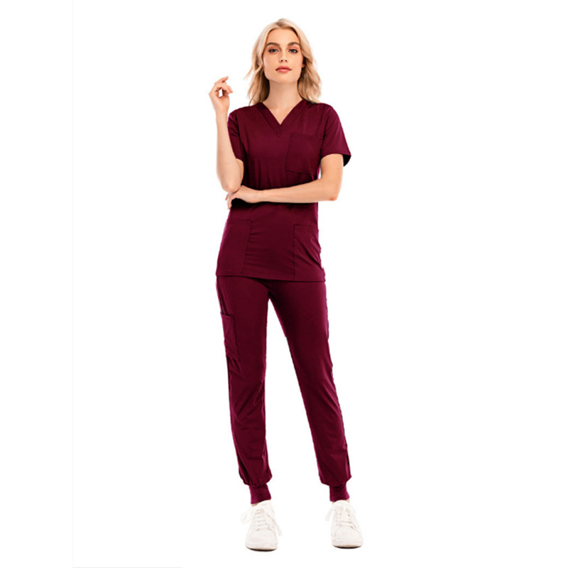New Sports Leisure Solid Color V-Neck Short Sleeve Pocket Nurse Clothing Medical Care Clothing Split Nurse Work Uniform Set