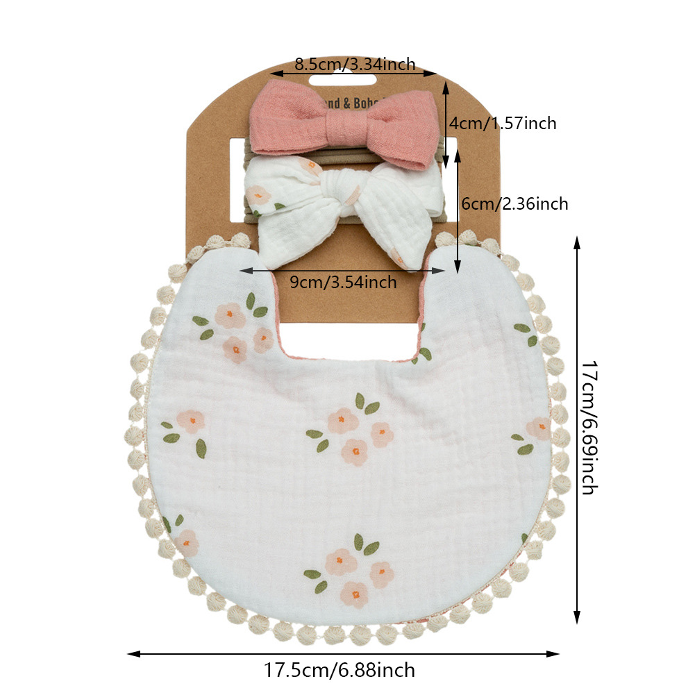 Cross-border new baby printed bib double-layer gauze baby cotton bib children bow headband suit
