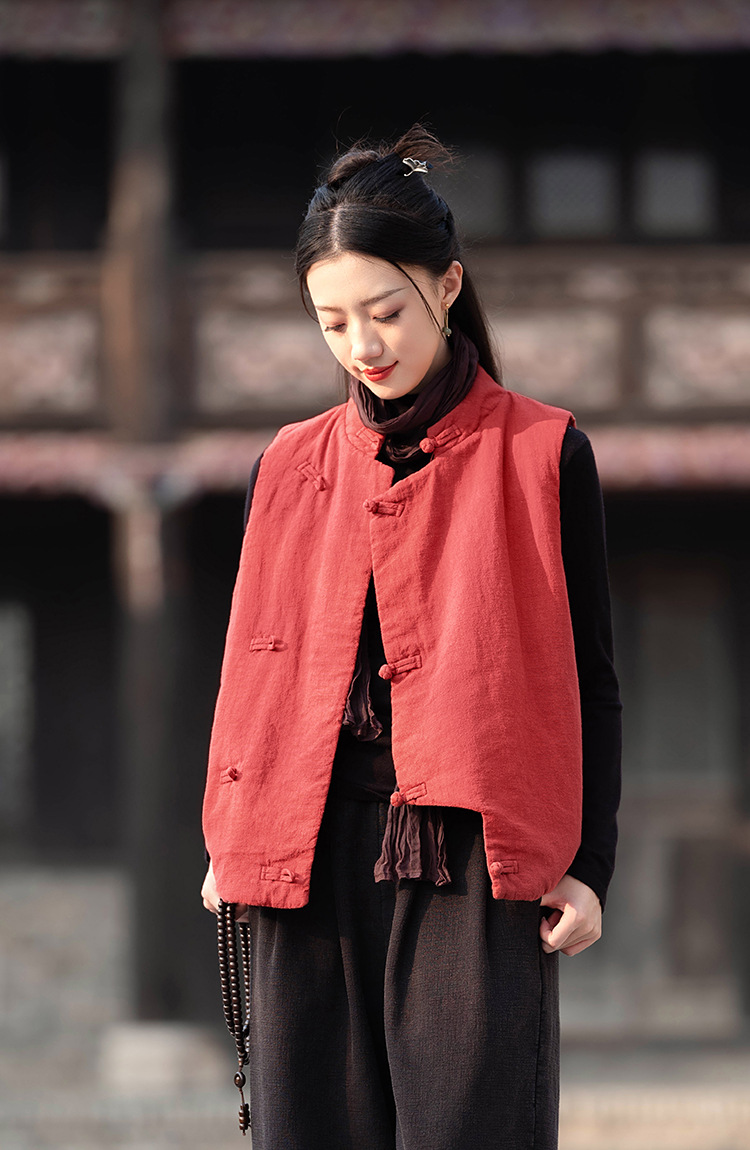 23 cotton and linen women's clothing New National style vintage buckle cotton vest top women's sand wash linen quilted warm vest_voghion.com