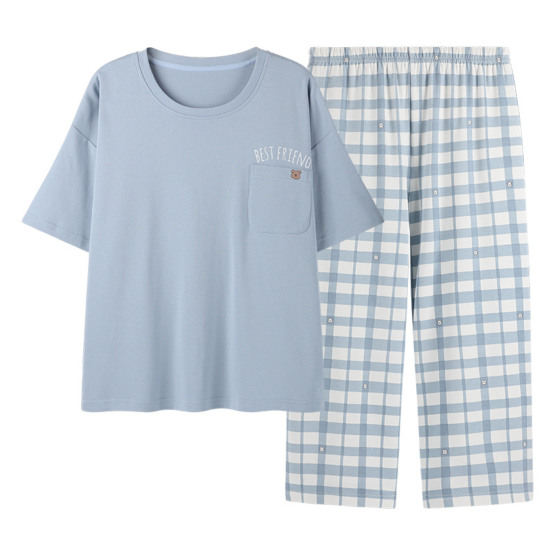 in stock wholesale pajamas women's summer cotton short sleeve cropped pants Korean version can be worn outside spring and summer leisure home clothes suit