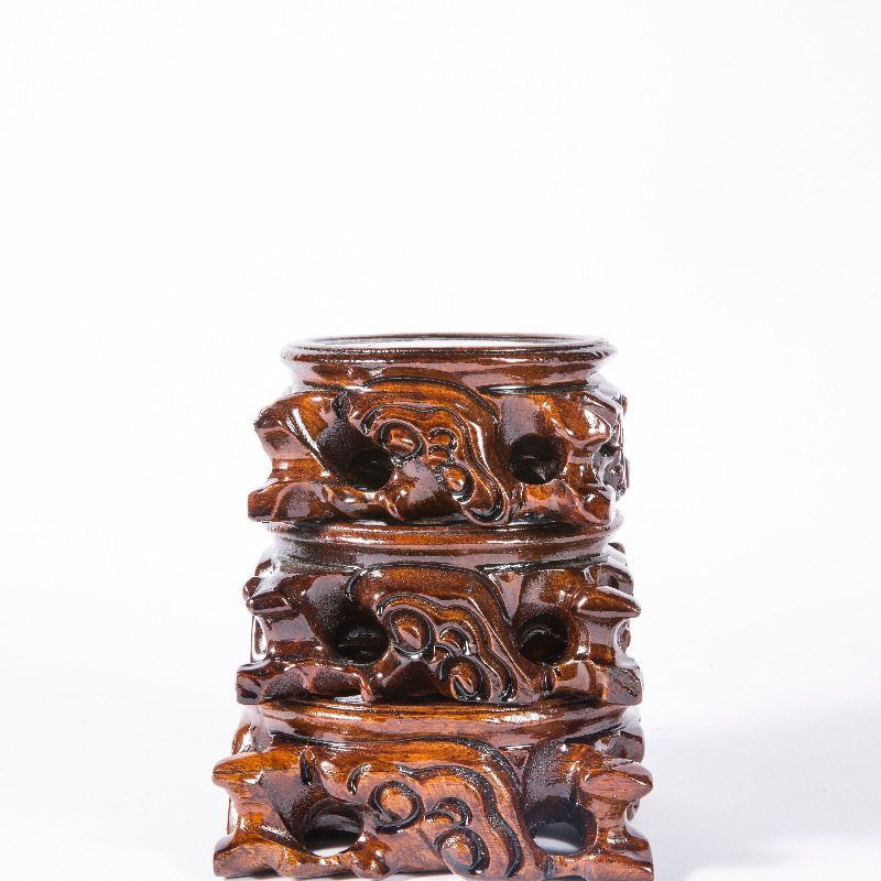Solid wood root carving purple sand pot Cup square round base rare stone can be dug whole wood wooden base vase Zen height increasing small wooden tray