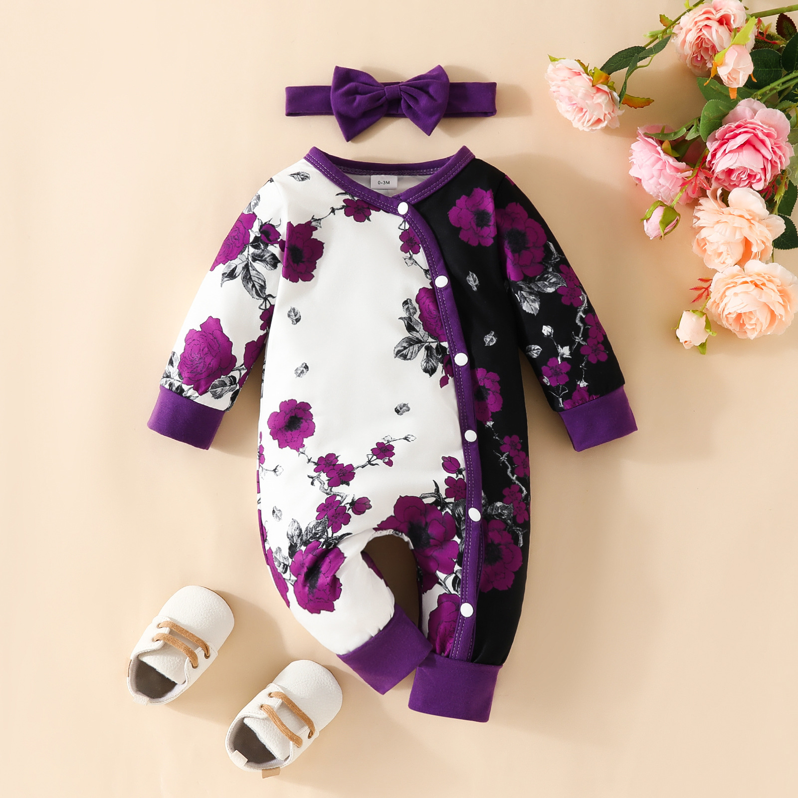 Cross-border New Baby Long-sleeved Long-legged Climbing Suit Big Flower Color-matching Baby Girl Button Clothes Hakka Baby Casual Clothes