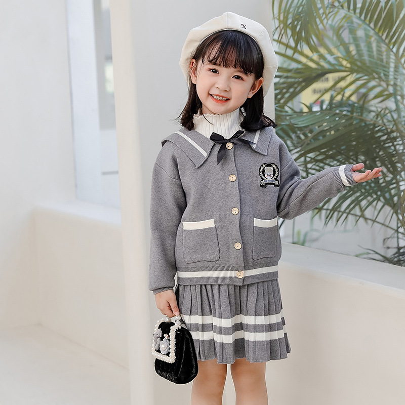 Autumn and Winter Girls Korean Knitted jk College Style Cute Bear Embroidered Long Sleeve Cardigan Pleated Skirt Two-piece Set